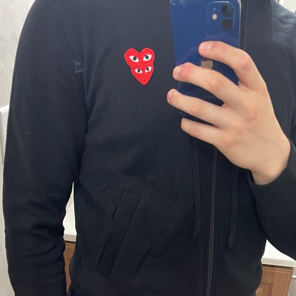 COMME DES GARCONS PLAY BLACK FULL ZIP HOODIE WITH DOUBLE RED HEART SIZE MEDIUM - Picture 2 of 4